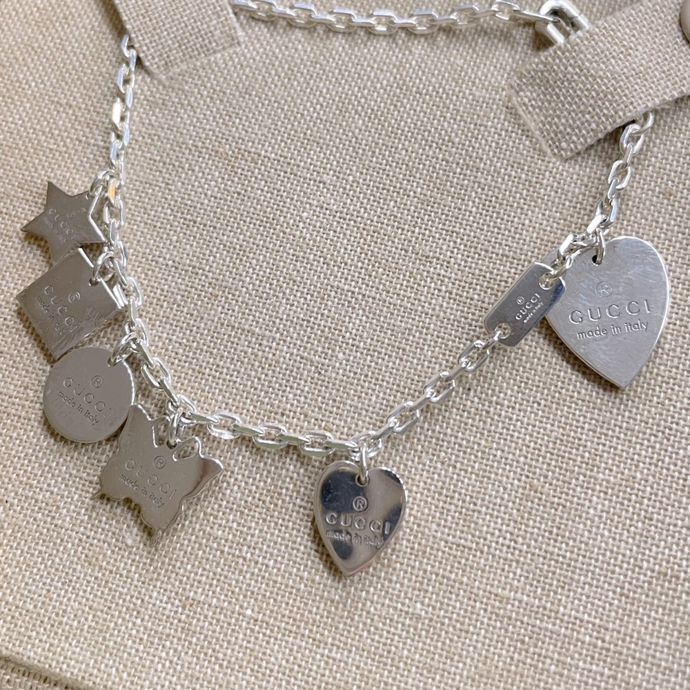 Gucci Trademark Heart Charm Sterling Bracelet, Silver, (Size 7.25"L x 2"W x 2"H)